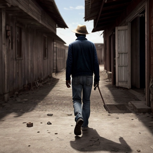 A man walking alone with poor house 