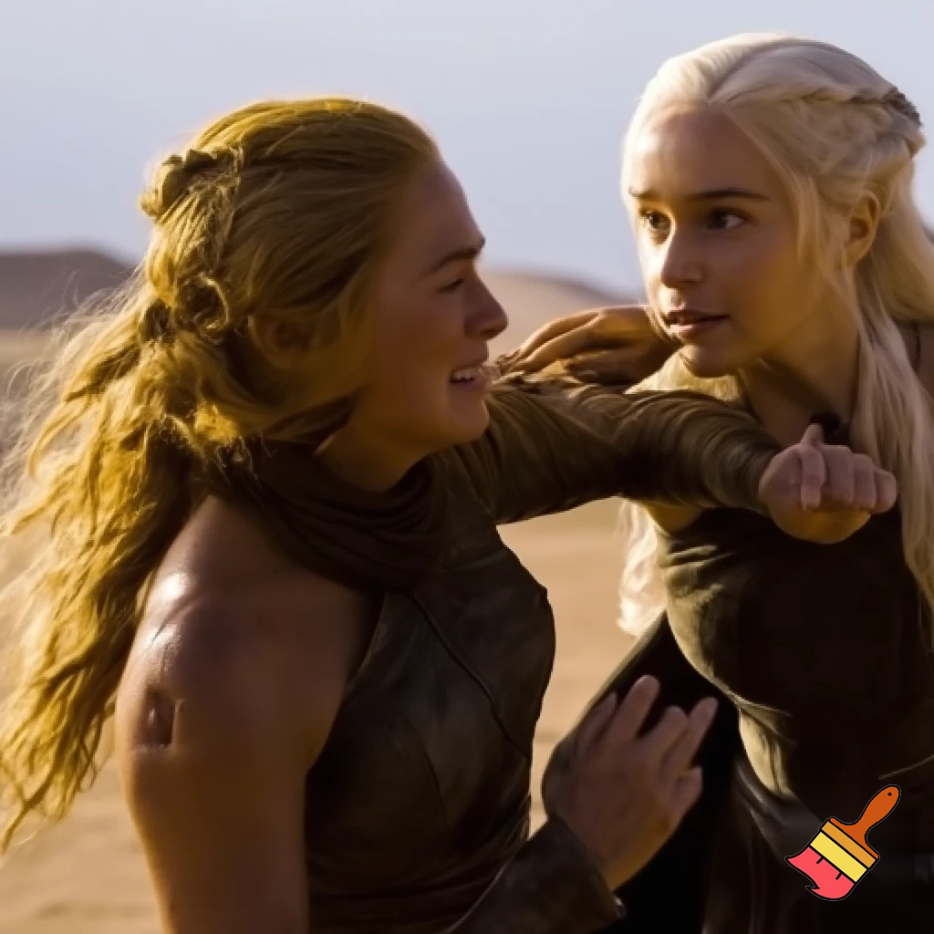 Daenerys Targaryen and Cersei Lannister fighting in the desert , Cersei Lannister is under Daenerys and losing. Both are naked and all sweaty 

