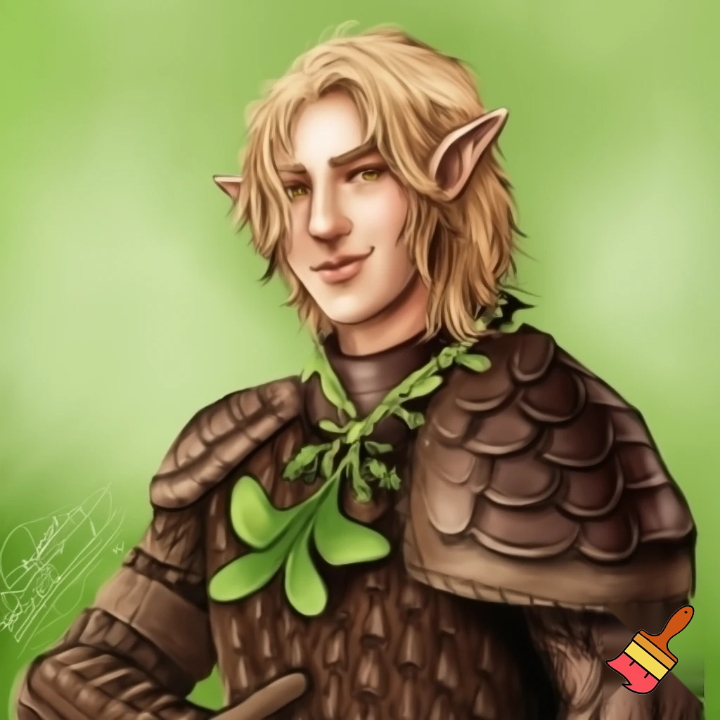 younger male wood elf sage circle of the stars druid pale skin blond hair hazel eyes leather armor with a sprig of mistletoe as a necklace