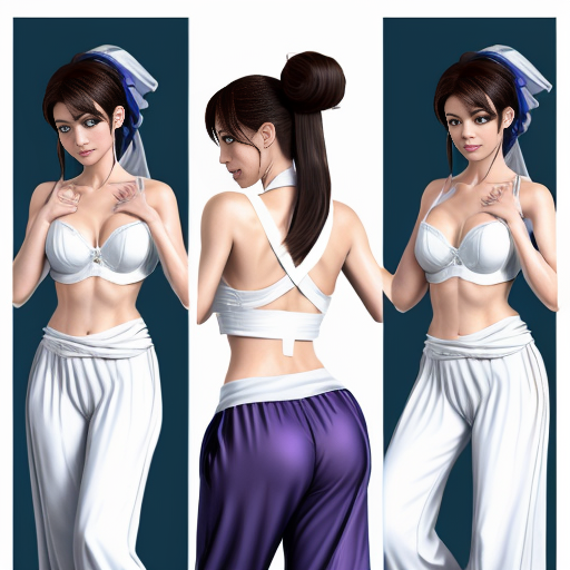 90's disney's 2d aladdin style comic black background and panels of panel 1 brown haired chun li with brown harem pants and blue bra and white sash and white curved slippers with both hand palms place together and hiding the bottom of her mouth with a blue veil wrapped around her arms and shoulders. 
panel 2 she danced with brown harem pants and blue bra and white sash and white curved slippers with blue veil wrapped around her arms and shouldersand raising legs and bounced up and down her belly and shook her hips left and right. 
panel 3 as brown haired chun li with brown harem pants and blue bra and white sash and white curved slippers with blue veil wrapped around her arms and shoulders spreading her arms, happily revealing her face to the viewer and giving a smile as she turns around shook her butt left and right. 
Panel 4 as brown haired chun li with brown harem pants and blue bra and white sash and white curved slippers with blue veil wrapped around her arms and shoulders started to fading away , except her belly, which is bouncing around. 
Panel 5 then the ball transforms into the fading in belly of black haired juri han with cone shaped hair buns barefoot with white harem pants and dark purple bra and black sash and with dark purple veil wrapped around her arms and shoulders with her swaying her hips. 
Panel 6 black haired juri han barefoot with cone shaped hair buns with white harem pants and dark purple bra and with dark purple veil wrapped around her arms and shoulders