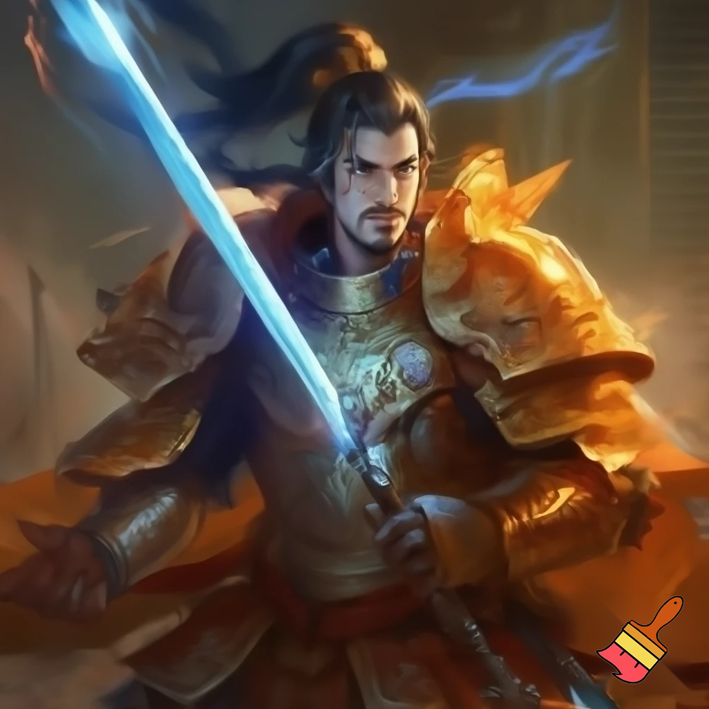 Golden orange paladin. Chinese style armor. Dynamic stance. Glowing blue sword. High quality. In the style of dungeons and dragons.