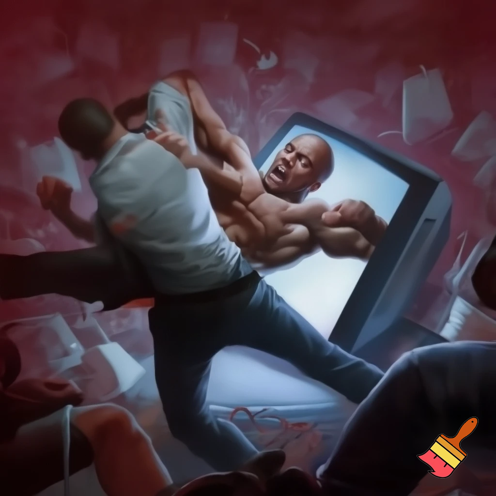 bald man fighting a man over a tv on black friday
