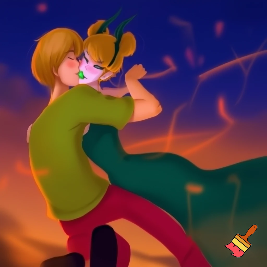 Shaggy rogers With green shirt and red pants and black shoes kissing Dusk from the hex girls blonde hair two pigtails wearing a green gothic dress and green lipstick 