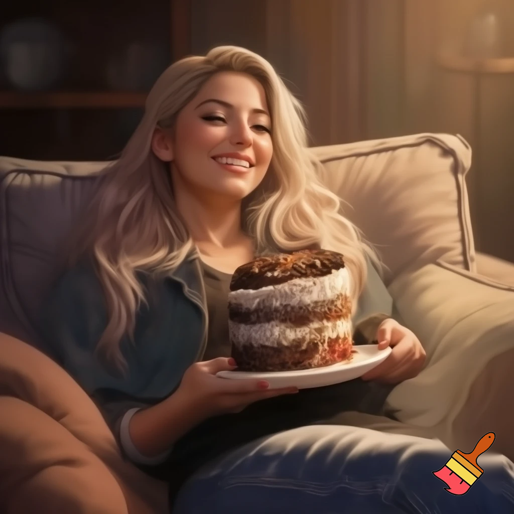 Alexa Bliss fatter eating cake on the couch