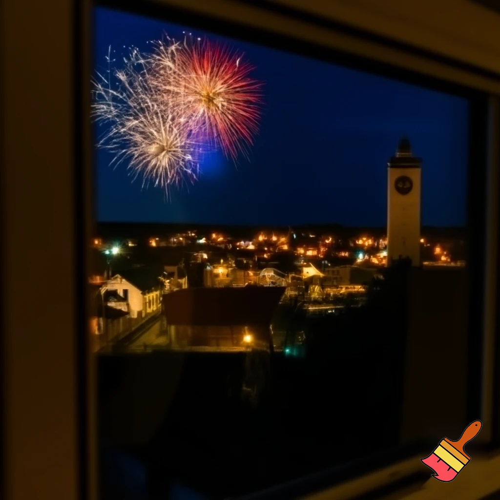 view from a window on a small town at night, the clock tower at the right side and fireworks on the sky