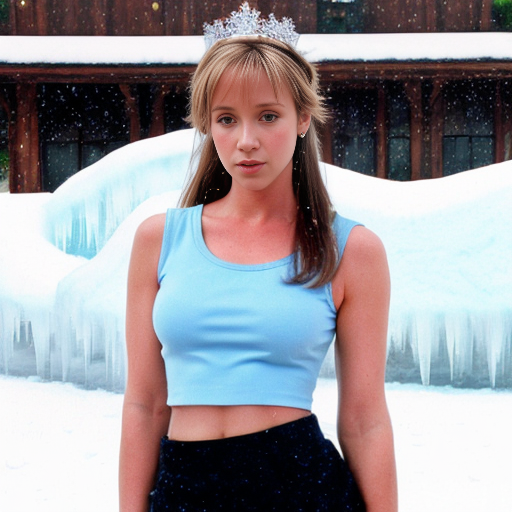 jennifer love hewitt as Jackie frost blue skin blue bod y naked brown hair bangs on her forehead her skin tirns ice blue body legs who wears a light blue sleeveless crop top , an icicle skirt, shorts snowflake tiara. background of snow wears high heels