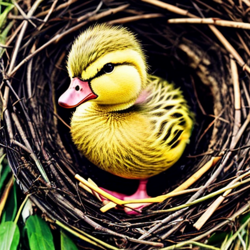Green duckling, orange, purple duckling sitting in the nest.