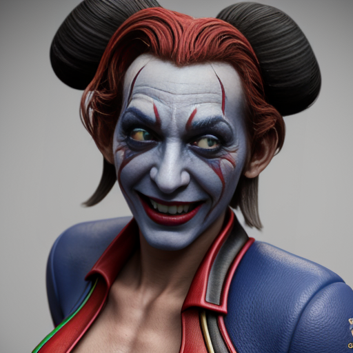 an image of a 3d render red and blue jester named pomni from the amazing digital circus