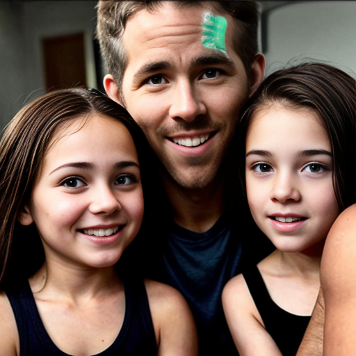 generate me a family of 5 with 2 dads, make one of the dads a dark brown haired 6'2" bodybuilder and make the other one ryan reynolds, then make a boy who is 14, and a girl who is 3 and a boy who is 2