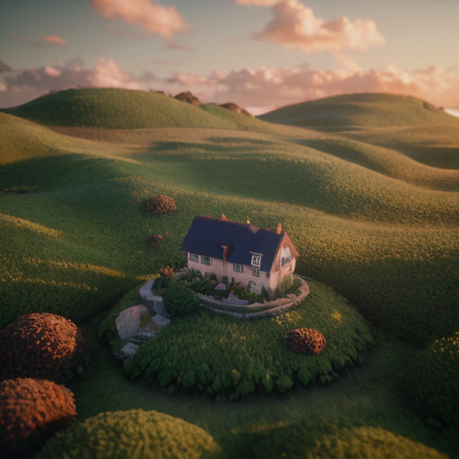 liminal space, dreamcore Whimsical, dreamlike aerial view of rolling green hills dotted with small houses, dramatic cumulus clouds illuminated by golden hour sunlight, Studio Ghibli inspired, painterly, soft focus, vibrant emerald greens and pastel sunset hues, serene atmosphere, cinematic wide shot, high detail, octane render --ar 9:16 --v 6 --style raw