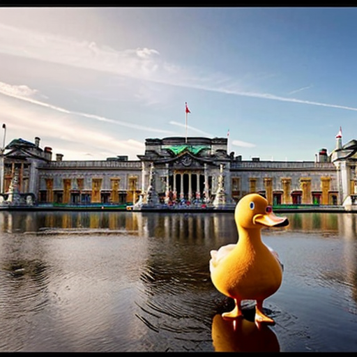 "Duckingham pallace" : buckingham palace with a duck theme, the pallace itself is yellow and rubbery, cartoon-like.