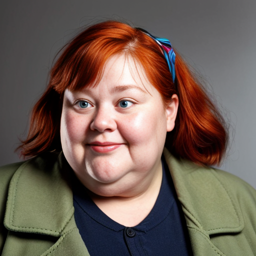 A fat lady that wears a green coat, has bulging ankles, dirty sneakers, loose fleshy cheeks, neck covered by fat, sparse red hair pinned back by a plastic barrette, tiny face features, and small blue eyes.