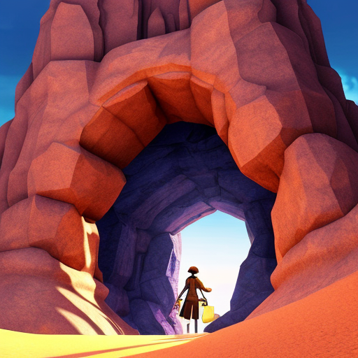 Colorize a desert Cave entrance arch with multiple abstract figures in Tanguy  style