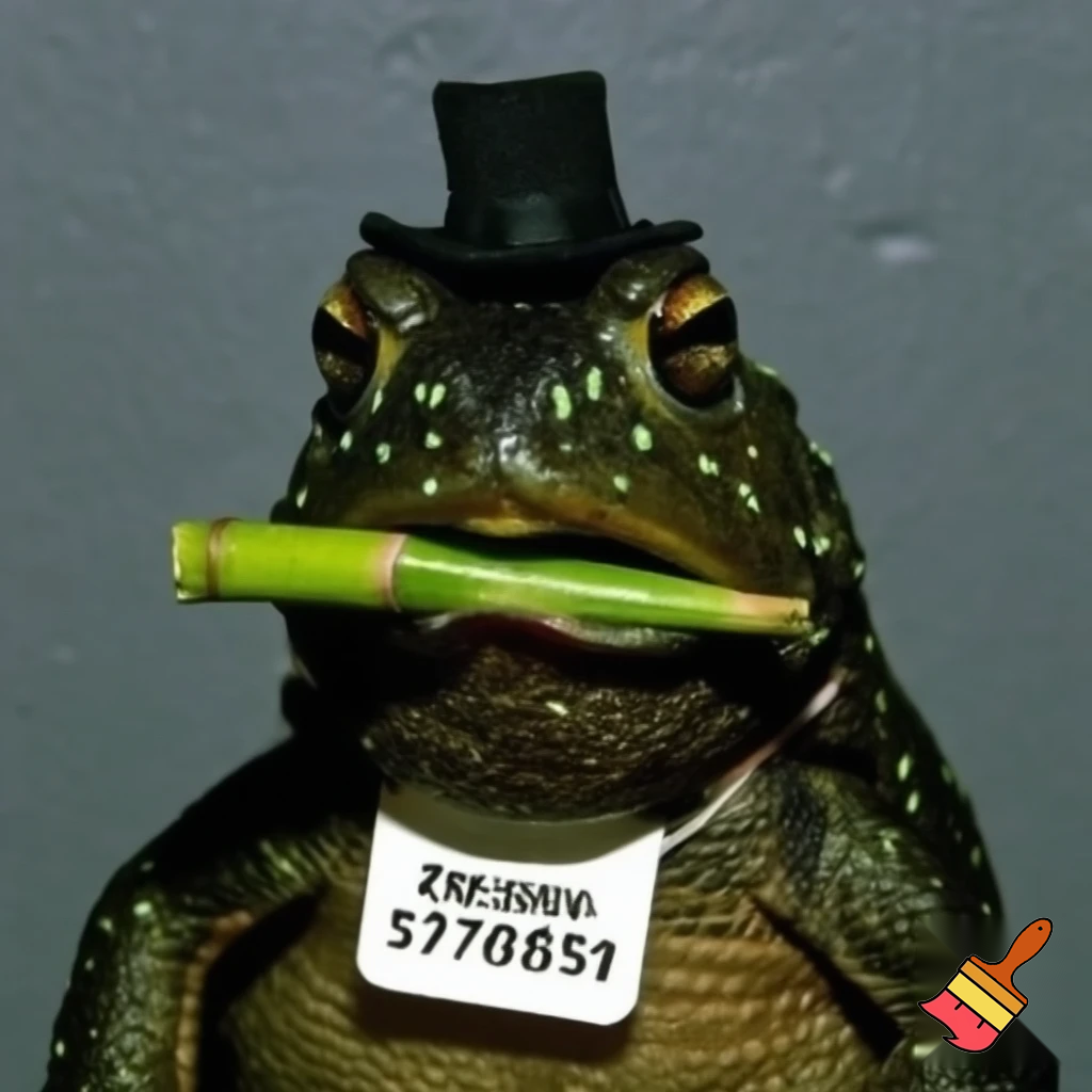 a toad with dark green skin and small little light green glands with a frown smoking sugercane plant with a short tophat in a mughshot  dont make the frog hold the sugercane put it in the toads mouth and make the toad hold a sign saying Cane Toad with the number 659098 and make sure to put in a mughshot