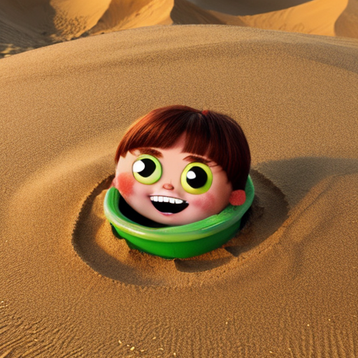 The powerpuff girls buttercup buried up to her neck in sand only her head sticking out packed in by bubbles and blossom