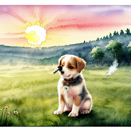 Roztomilé štěně drží lehce kouřící klacík, stojí proti zapadajícímu slunci, kolem louka a les. Kouř tvoří jemný obláček. Pohádková ilustrace, měkké světlo, dětský akvarel, hravá atmosféra.