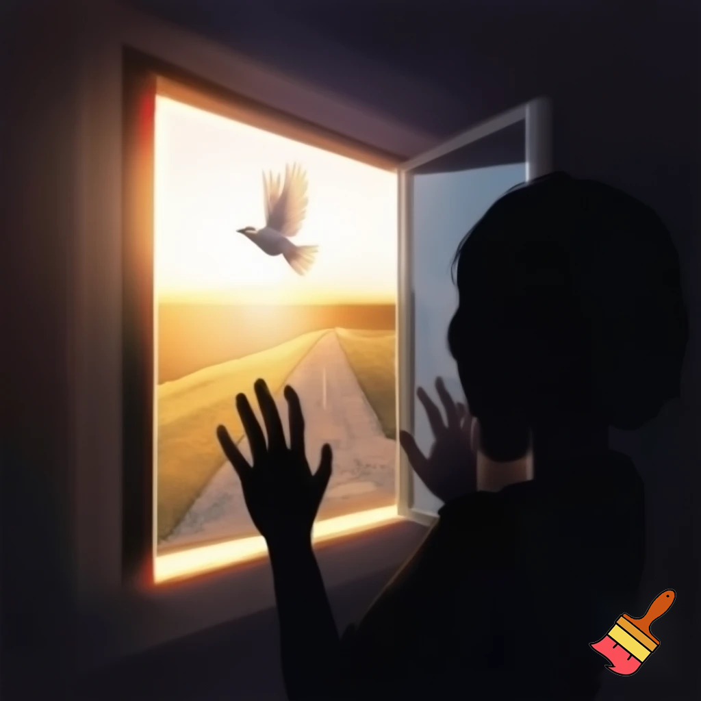 Silhouette ouvrant un écran comme une fenêtre sur un paysage lumineux. Icône symbolique de liberté ou d’émancipation (oiseau, lumière, chemin ouvert).