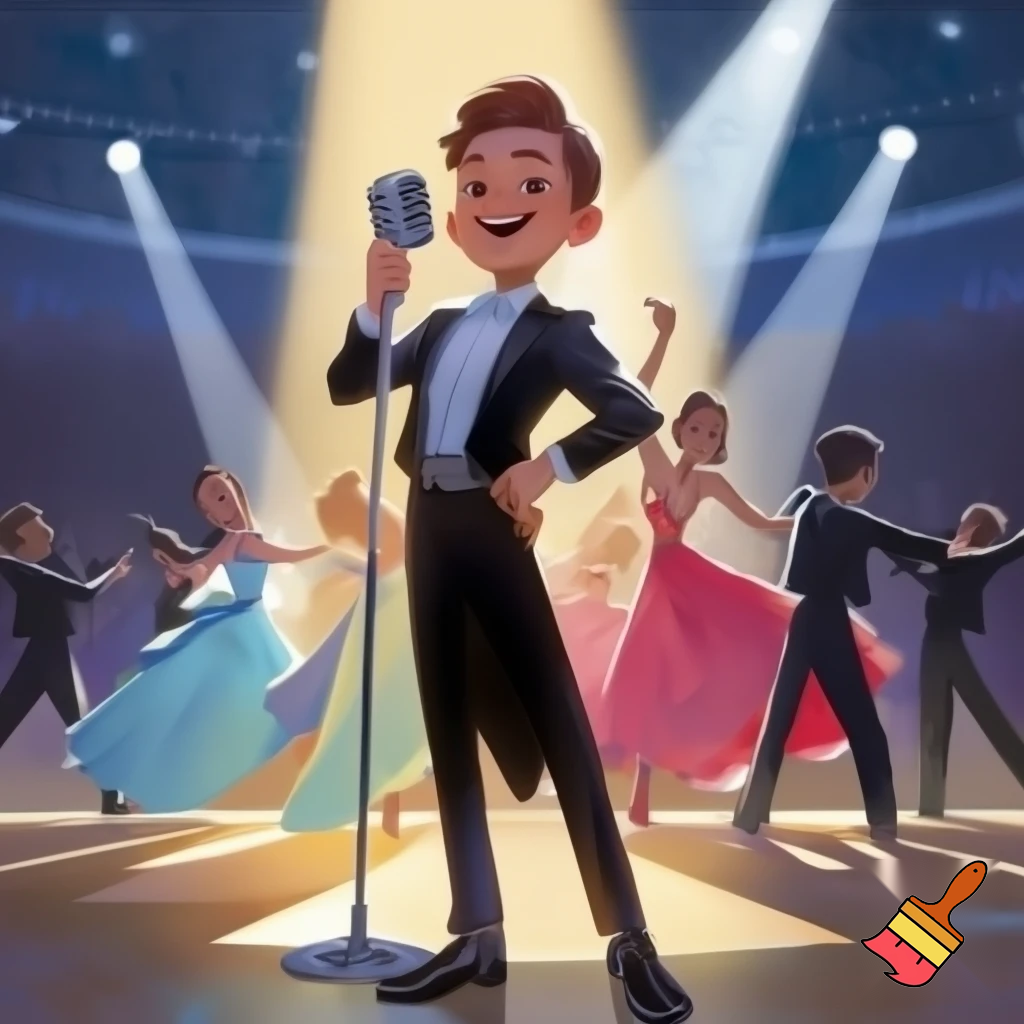 Preteen Boy in Top Hat White Bowtie Black Tailcoat Black Shoes singing in Microphone on a big stage with preteen Ballroom Dance Couples Dancing behind, the boys in black tailcoats, the girls in beautiful ballroom gowns