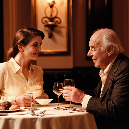 From a comedy film from the 1970s: In a luxury restaurant: An elegant couple is sitting at a table eating dinner. An elegantly dressed, very elderly and stocky waiter stands next to the table and addresses the couple. Elegant ambience, subdued lighting, comical atmosphere.