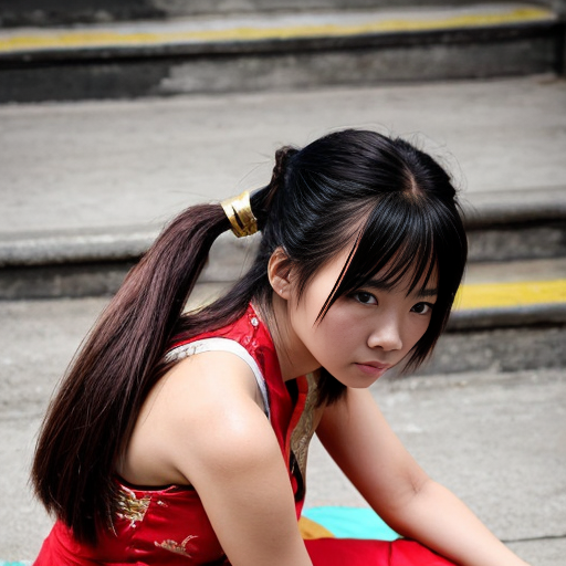 Anime style short woman from indochina, she wears a short red dress with gold embroidery, she has her bkue-black hair up in either 2 buns or 2 ponytails. She has a determined look on her face. We view her from a few steps away face-on. She is crouched forward looking like she has just finished a backflip.