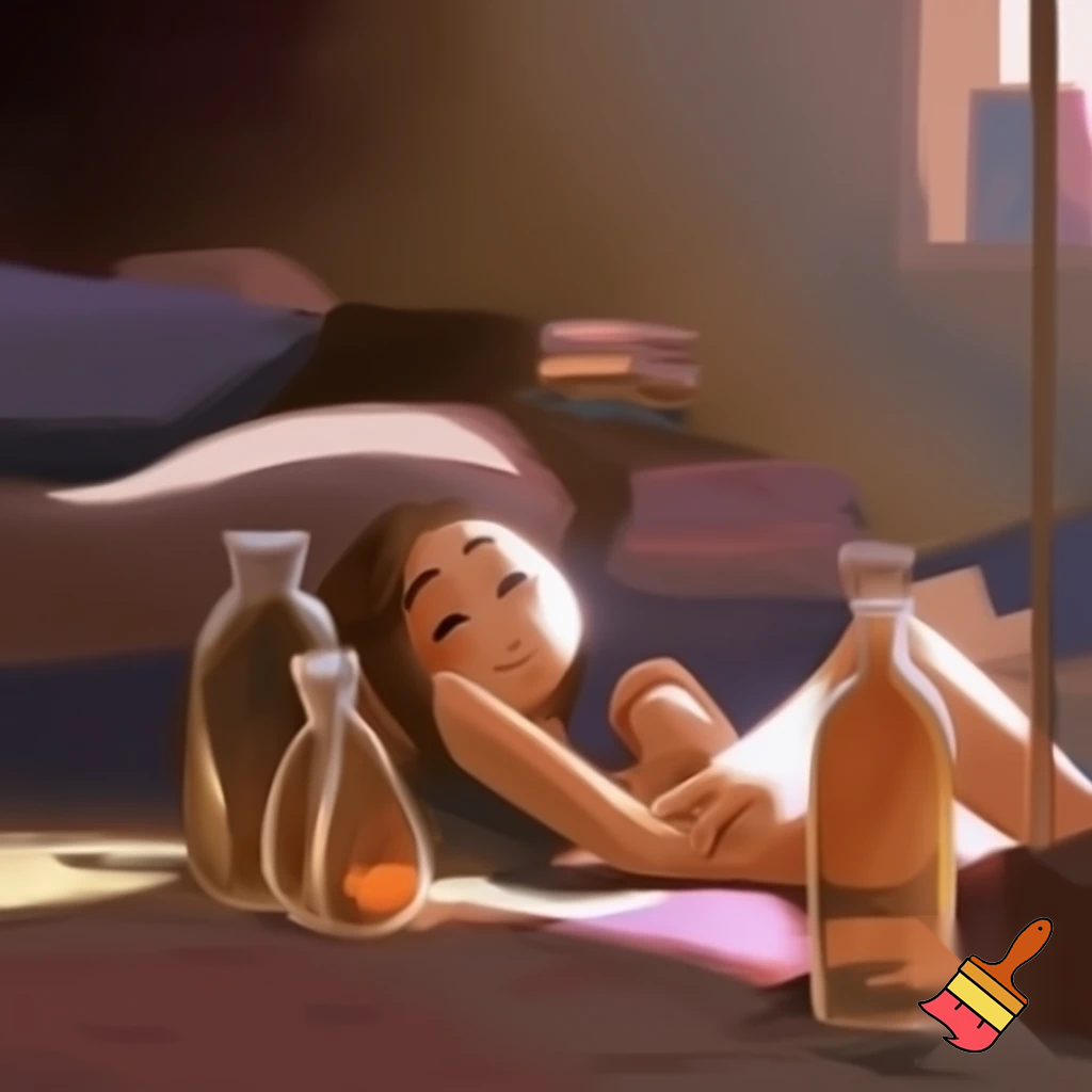 2 girls in there bedroom on the floor with 2 bottles of alchol