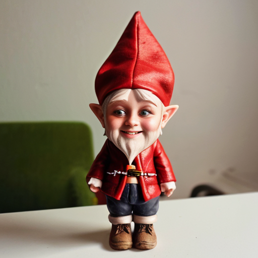 gnome with red hair and white eyes in a red outfit
