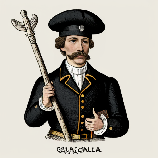 Illustration of a constable (alguacil) from 17th century Spain.
Authority figure, simple uniform, serious expression.
Holding a staff or symbol of justice.
Classic old illustration style.
White background for infographic.

