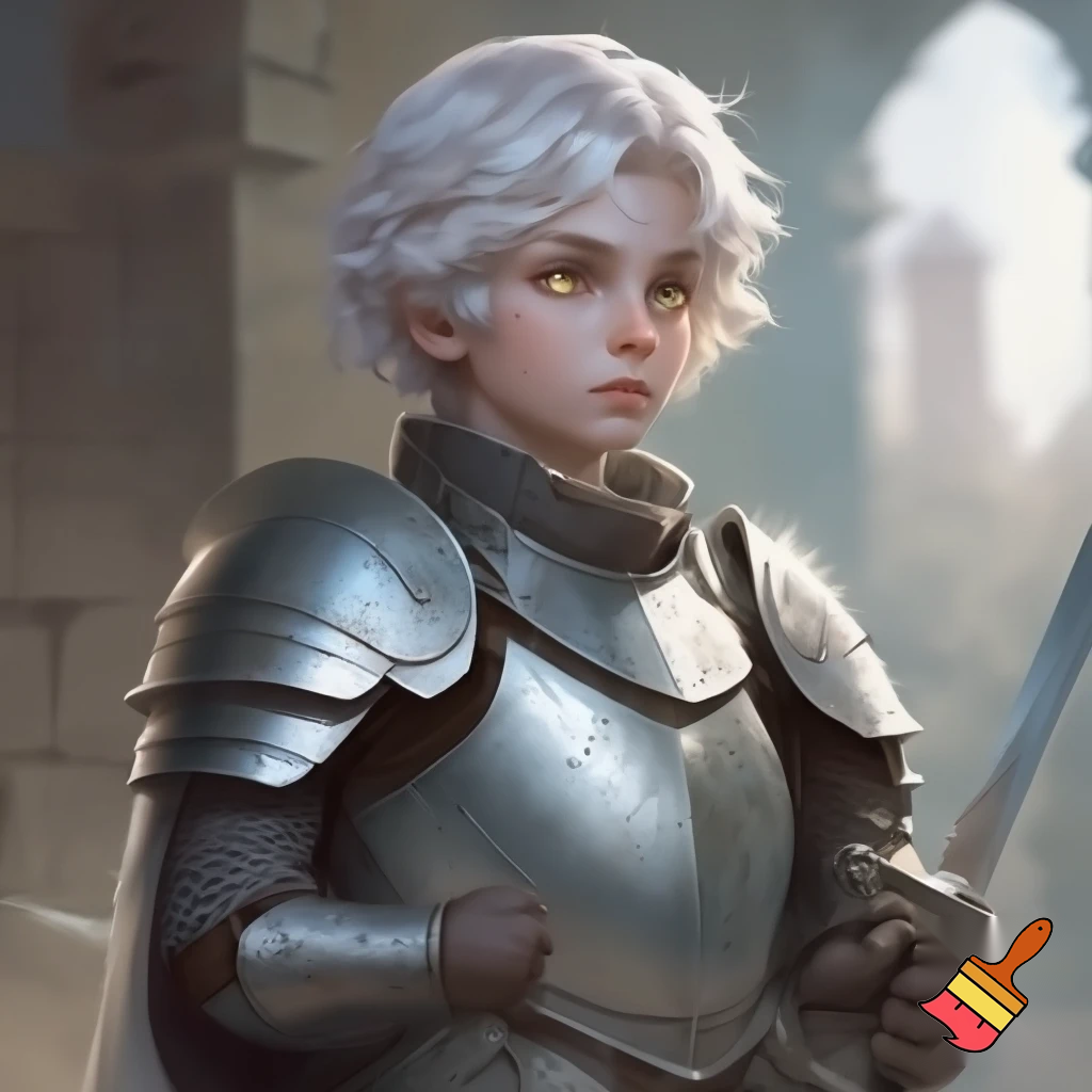 a young man with angelic short white hair and blueish gold eyes. he is also a knight
