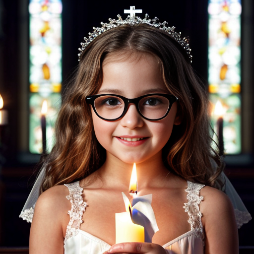 Cute adorable niña Chilindrina glasses con hair curly Blonde con corona Flores con verano elegante formal primera comunión sensual sexy con holding vela dé candela con altar con iglesia templó católico 3
