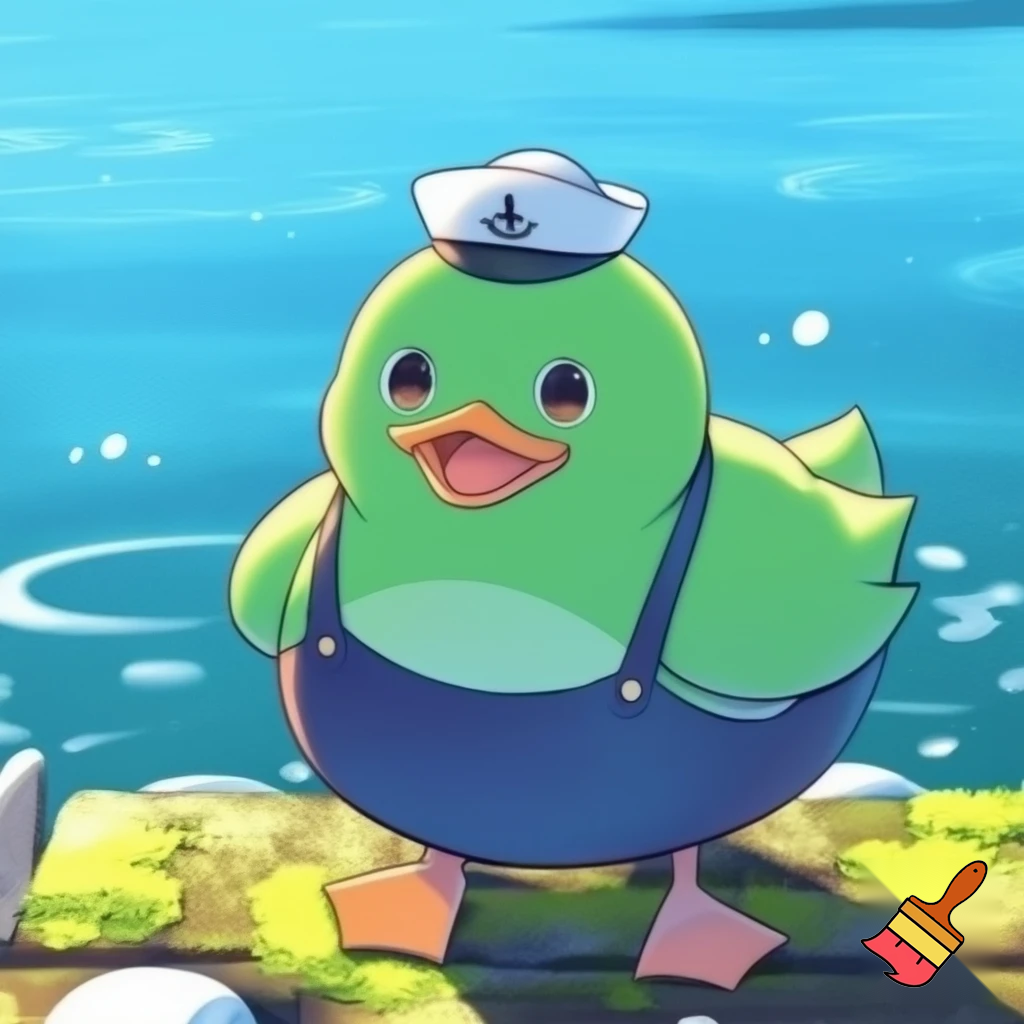 pato, feliz, desenho estilo anime, cor verde, roupa de pescador