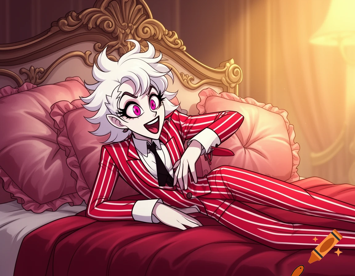 Angel dust from Hazbin hotel on a bed being pinned