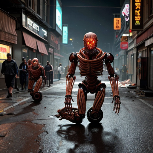 a rain-slicked city street at night, neon signs flickering through the haze as twisted biomechanical abominations shamble between overturned cars and shattered storefronts. These grotesque humanoid hybrids fuse pulsating organic tissue with rusted plating, their exposed muscle fibers writhing around hydraulic pistons, dripping blackened oil and viscera onto the cracked asphalt. Hazmat-suited figures scramble in the background, their glowing containment units casting an eerie green light on a bisected robot corpse—its still-twitching upper half dragging itself forward using torn intestinal cords as grappling hooks. Half-melted faces stretch across metal skull frames, jaws unhinging vertically to release guttural steam hisses as they clutch eviscerated human torsos like gruesome shopping bags. A towering construct with six spinal columns fused into a centipede-like tail crushes a streetlight underfoot, its dozen mismatched eyes reflecting the distant explosion ripping through the quarantine zone's barricades