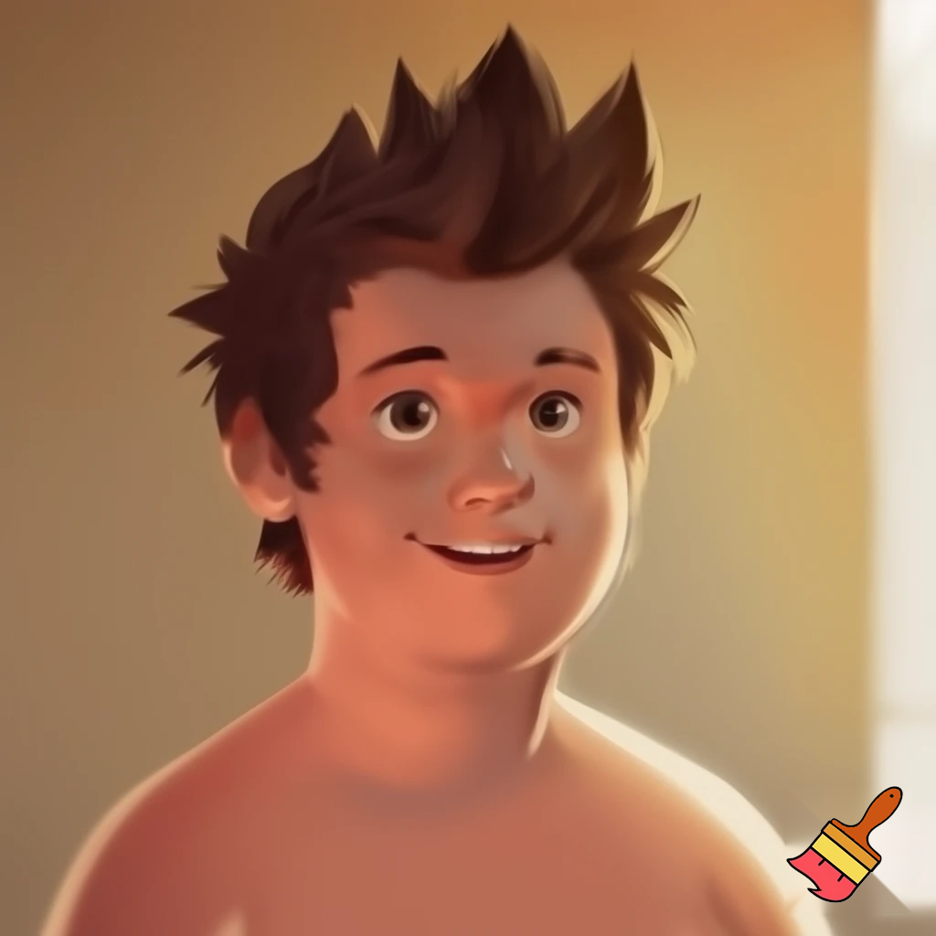 Ben spiky brown hair with short upper bits 13 yards old and overweight 
