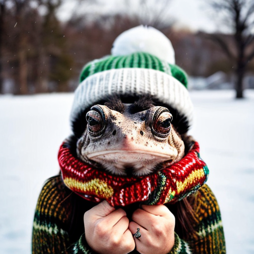 A laughable, puzzled animal toad in woolen, multicoloured winter clothings with woolen winter cap. Hyperrealistic art style.