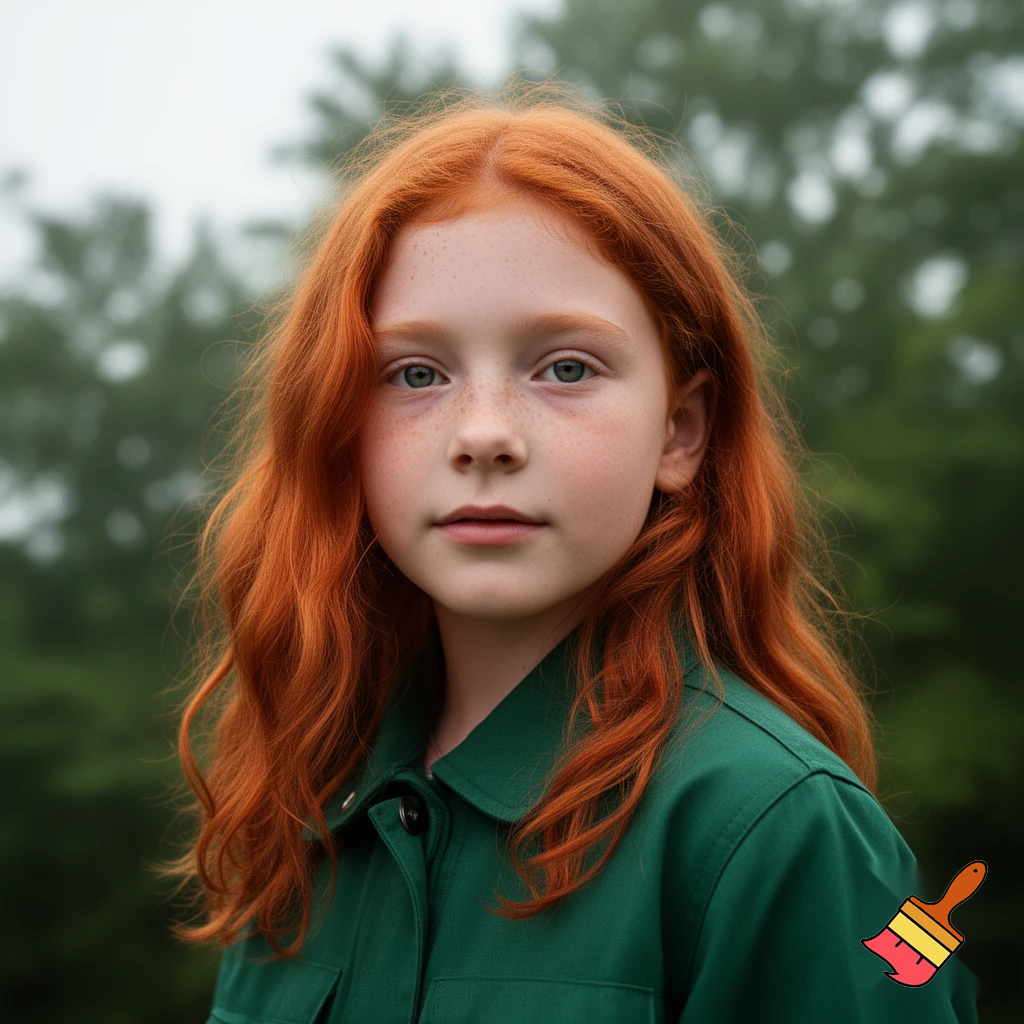 a girl named bailey with red hair a green jacket who is 13 years old 