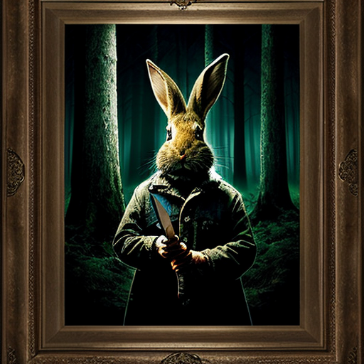 European rabbit, holding knife, dark forest, evil,