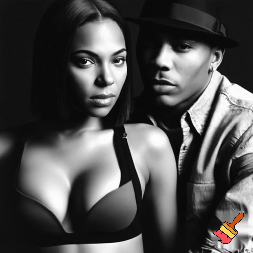 Ashanti with a black sleek middle part bob hair wearing a grey and black bra and Nelly wearing a button up shirt and black hat in a black and white photograph 