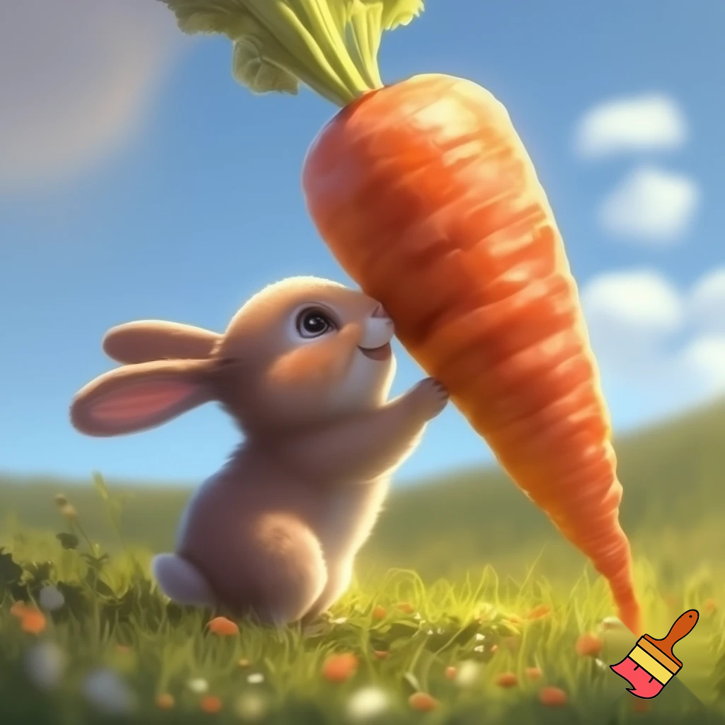 Scene: Sunny meadow. Bunny sees a big carrot.
Text Bubble (Bunny): “Wow! This carrot is huge! Just for me!”