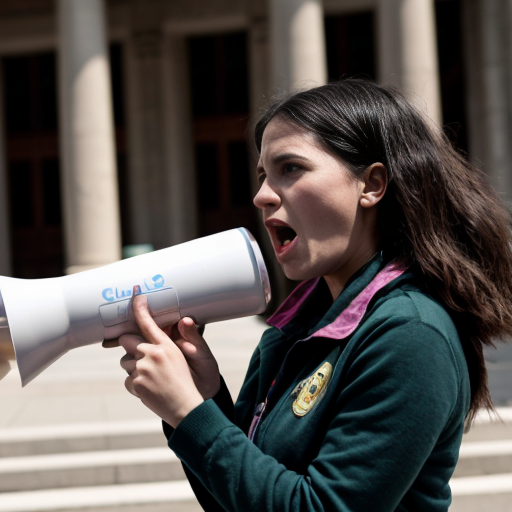 Crea una mujer luchando por los derechos de los niños, con un megafono en la mano