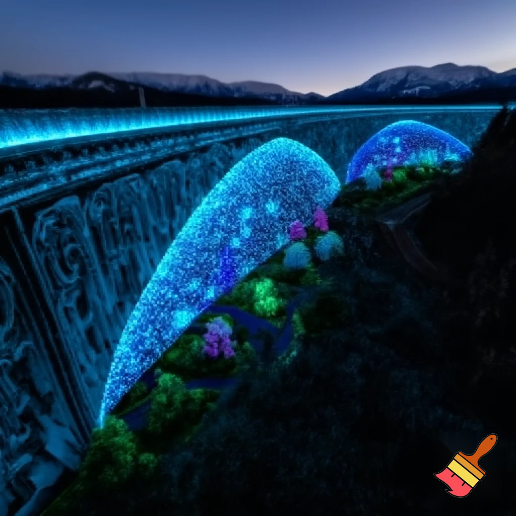  рисунок   фантастического рождественского сооружения: Висячие сады Снежной королевы: Ажурный мост-акведук, по которому течёт не вода, а поток мерцающих голограмм-снежинок, питающий «растения» из света в парках ниже
•	Критерии: Сложность геометрии, оригинальность идеи, качество проработки деталей, строительная логичность
