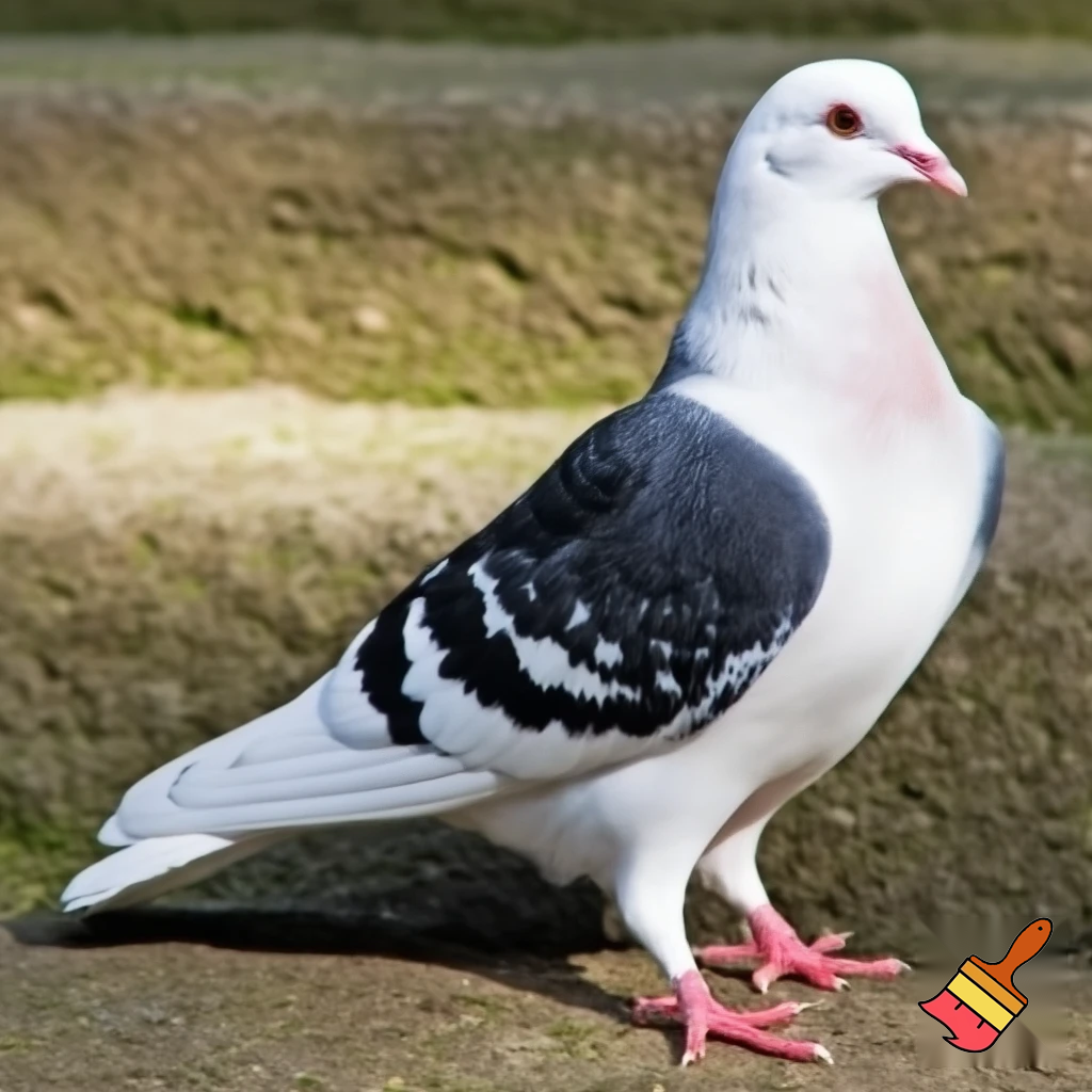 A white and black pigeon writing a mail
