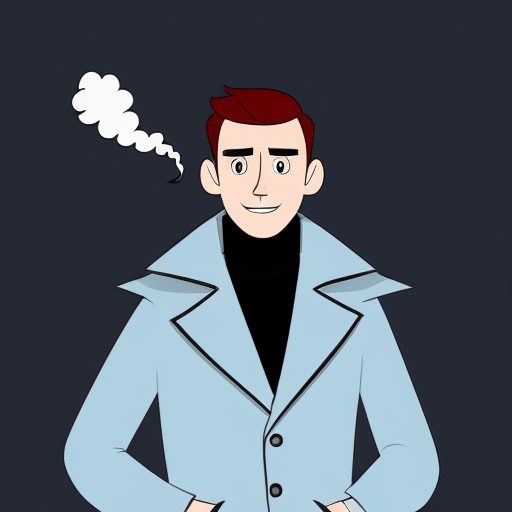 Percival de rolo from Vox Machina in the cartoonish art style of hazbin hotel wearing his signature blue overcoat and smoke curling around him