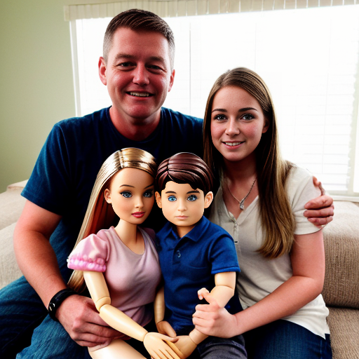 make a family photo of 3 with a 3 year old barbie and a 15 year old ken with there dad let me hug ken