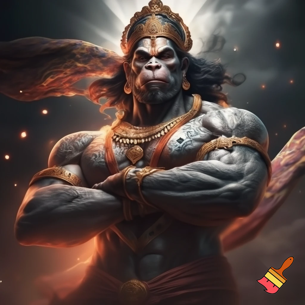 Lord Hanuman standing with a powerful and majestic posture, arms crossed, muscular divine body, stone-like skin texture with sacred markings, wearing golden royal crown and jewelry, flowing patterned shawl in the wind, fierce and heroic expression, detailed fur texture, cinematic dramatic lighting, dark stormy background with glowing embers floating in the air, mythological fantasy art style, extremely detailed, sharp focus, Unreal Engine render, subsurface scattering, rim light, God rays, volumetric glow, 8k, ultra high resolution, wallpaper composition

Negative prompt: low resolution, blurry, flat shading, cartoonish, distorted face, extra limbs, watermark, text, logo, noise, bad anatomy
