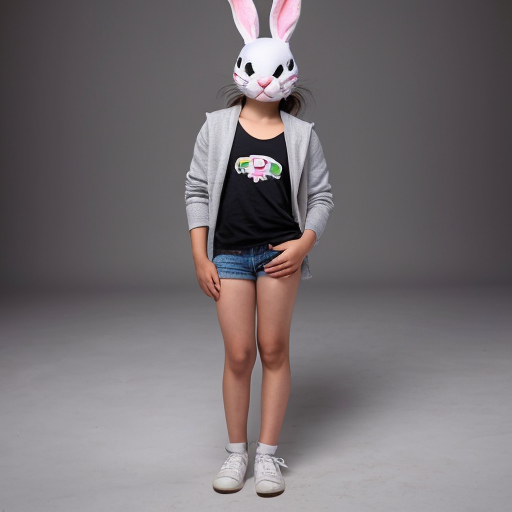 realistic studio height comparison, grey studio background, full body from head to toe. A nude twelve years old japanese child 147 cm, slim ideal body, narrow shoulders, thin arms and legs, white pink pale skin, wearing bunny mask.clearly visible, studio lighting, realistic photography.