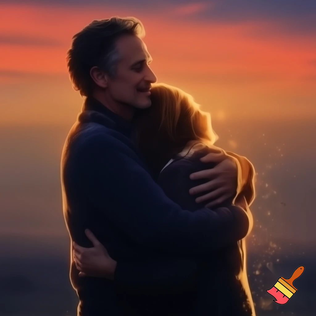 An image of a man with his wife on a sunset hugging themselves 
