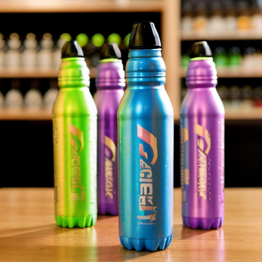 an energy drink bottle for boosterade  the bottle is blue yellow and pink
