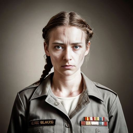 sharp grey eyes hinting at hidden depths, dark loosely braided hair framing face, subtle exhaustion etched features, calloused hands revealing frontline grit, human female, mid-twenties, Survey Corps uniform unassuming but worn, aristocratic bone structure beneath soldierly bearing, guarded posture masking intellect, traces of aristocratic lineage in posture, weary determination in expression, practical dirt-smudged boots, utilitarian gear showing wear, coiled tension in shoulders, observant gaze scanning surroundings, protective stance when near comrades, prematurely weathered skin from exposure, faded scars on knuckles, messy escapee braid