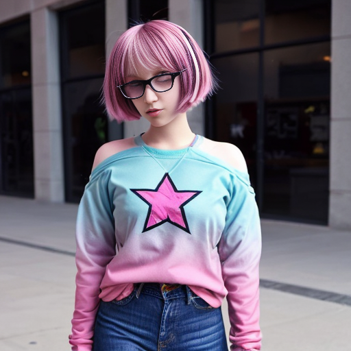 Make an anime girl with pink skin light blue jeans with black stars hair that is a gradient from black to pink but does not go past her shoulders and she also wears a link sweatshirt her eyes are pink her shoes are pink and she has black round glasses