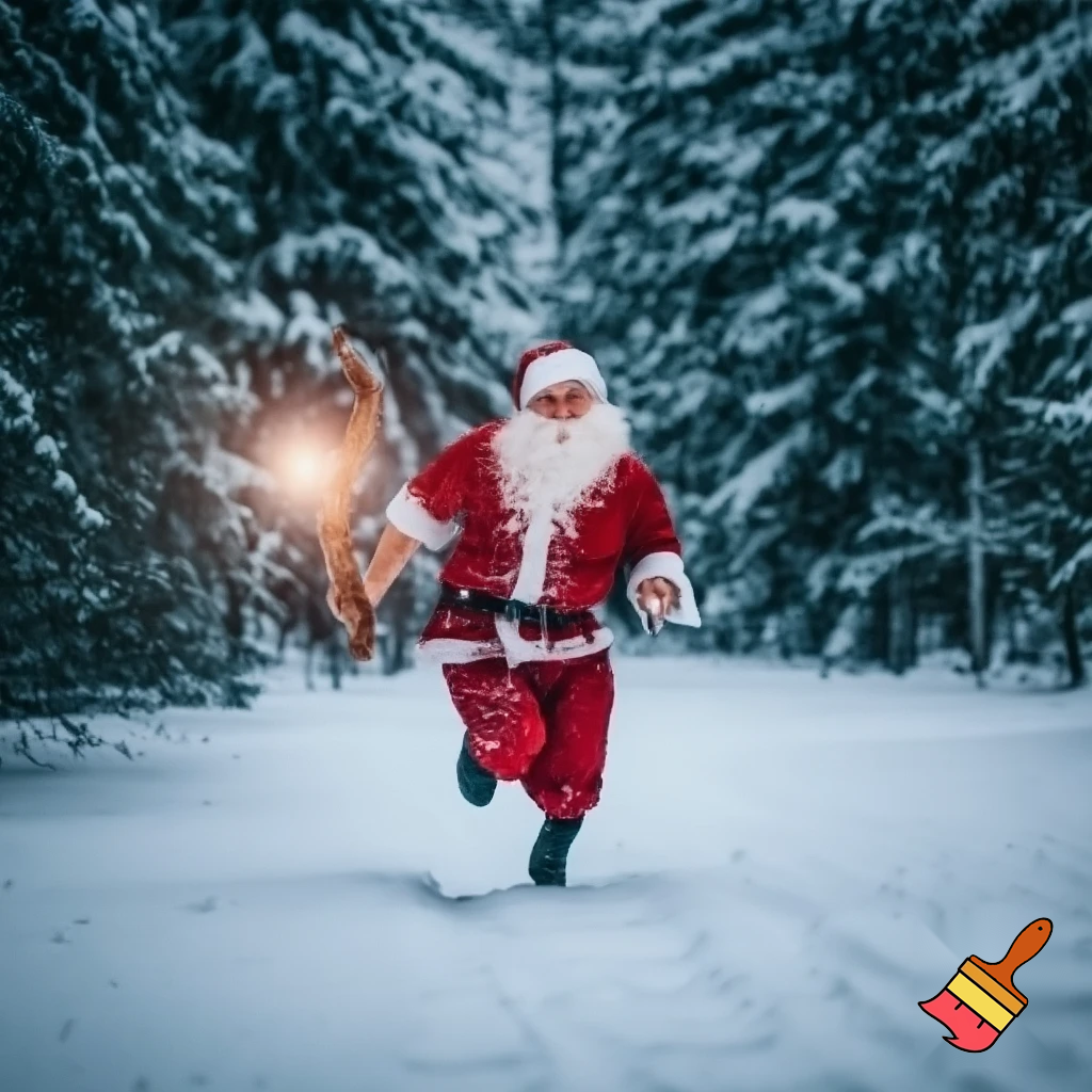 Santa Claus running with the walking stick running with his magic walking stick